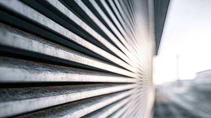Naklejka premium Abstract view of textured metal louvers against a bright sky