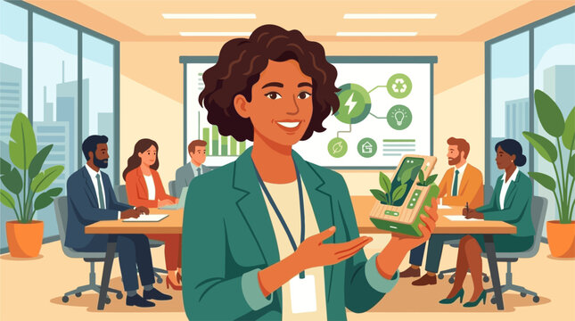 Female inventor presenting a sustainable product prototype to investors, celebrating innovation and equality, 2D flat vector illustration, International Women's Equality Day
