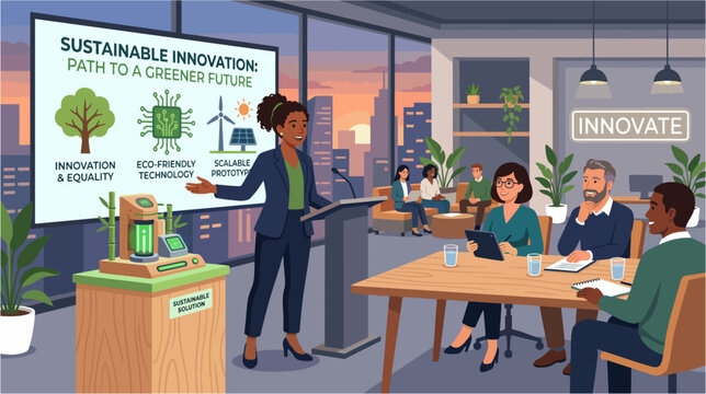 Female inventor presenting a sustainable product prototype to investors, celebrating innovation and equality, 2D flat vector illustration, International Women's Equality Day