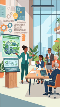 Female inventor presenting a sustainable product prototype to investors, celebrating innovation and equality, 2D flat vector illustration, International Women's Equality Day