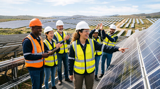 Female renewable energy engineer inspecting solar panels with a diverse team, celebrating equality in green industries, International Women's Equality Day