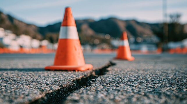 Orange traffic cones mark a large crack in a paved road