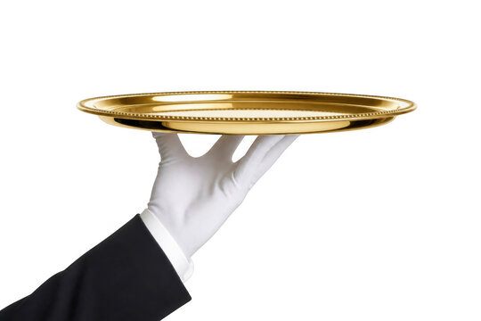 Waiter hand in white glove holding an empty gold serving tray as isolated on transparent background