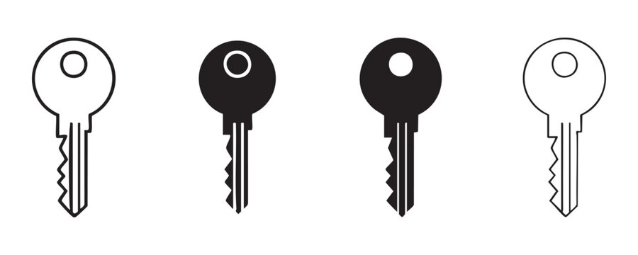 Set of modern keys simple outline and solid silhouette vector icons for access security and property ownership.