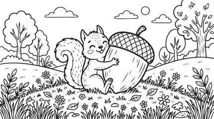 Cute Squirrel Holding Big Acorn Nut in Forest Meadow Coloring Page for Kids © Syeda