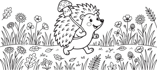 Fototapeta premium Cute Hedgehog Carrying Mushroom in Flower Meadow Coloring Page for Kids