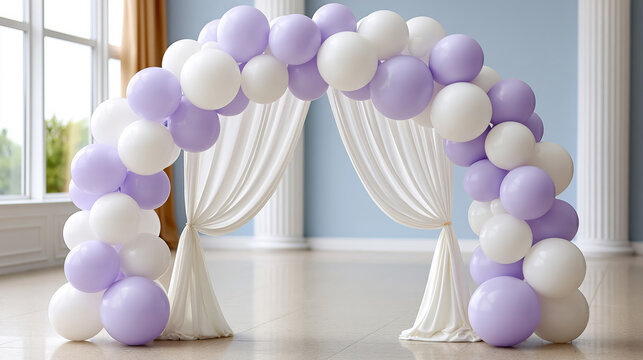 Elegant lavender and white balloon arch with draped curtains in bright hall