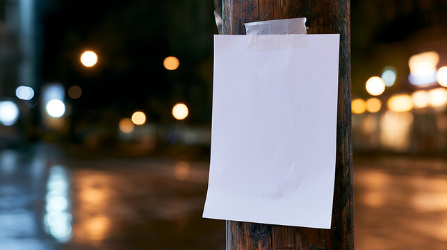 Blank White Paper Notice on Wooden Post at Night with Blurred City Lights and Wet Street Background, Space for Text