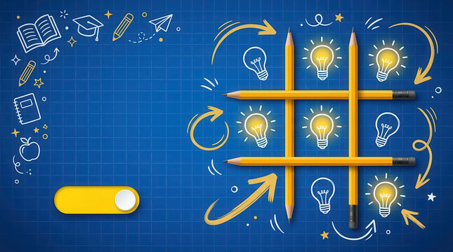 Bright blue educational background with colorful tic tac toe game illustration and school themed icons showcasing back to school, learning, classroom resources, academic achievement and children's edu