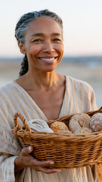 Mature african female smiling holding basket of freshly baked bread outdoors