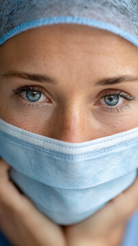 Focused caucasian female medical professional wearing surgical mask and scrub cap