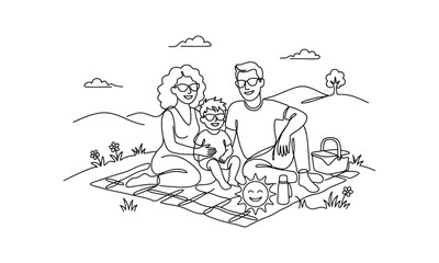 Obraz premium Single line of a family of three sitting on a picnic blanket in a hilly landscape with a sun, clouds, and a tree, featuring a father, mother, and their young child