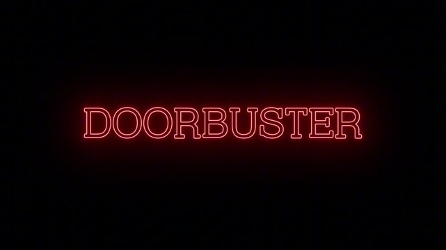 Urgent Red Neon Sign 'DOORBUSTER' with Continuous Loop on Clear Background, Ideal for Black Friday and Storefront Sales