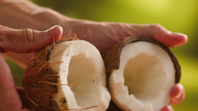 Coconut, Fresh whole and halved coconut isolated on a white background. Tropical exotic fruit with natural brown shell and white flesh. Healthy organic food, vegan ingredient, summer, close-up.