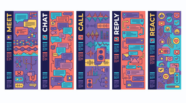 Modern communication banners set with meet chat call reply and react icons, colorful digital messaging interface elements, flat vector social media graphics