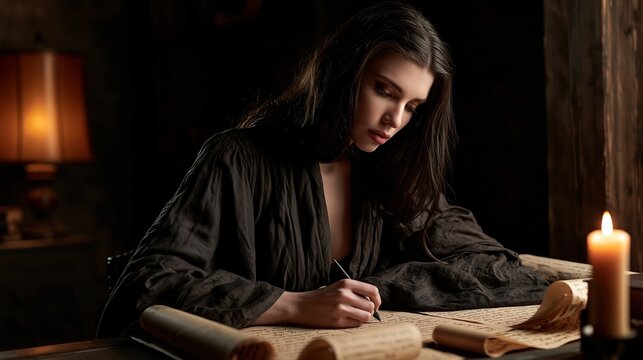 woman writing a letter in candlelight