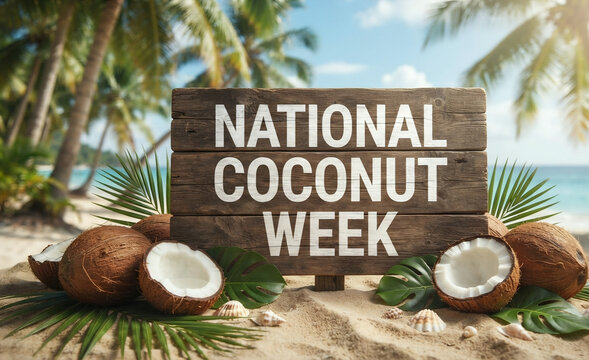 National Coconut Week Wooden Sign on Tropical Beach with Coconuts and Palm Trees