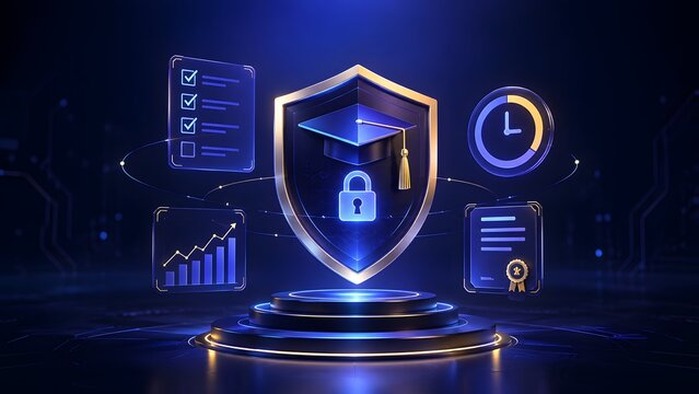 Digital education and secure learning concept with a graduation cap on a shield, representing protected knowledge, academic achievement, and career success.