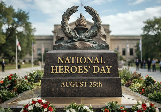 National Heroes Day August 25th memorial monument with eternal flame and wreaths