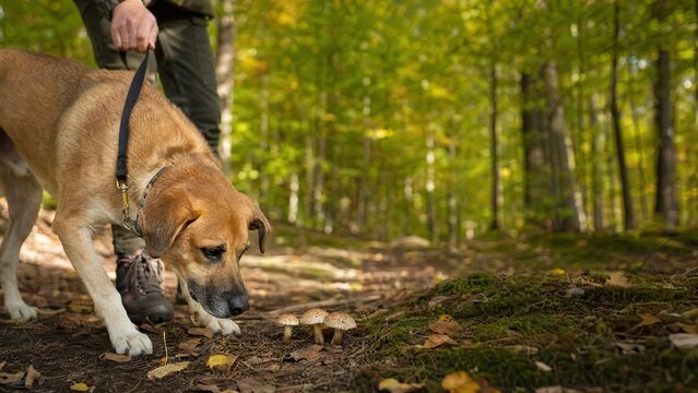 Dog on a leash finding wild mushrooms in an autumn forest