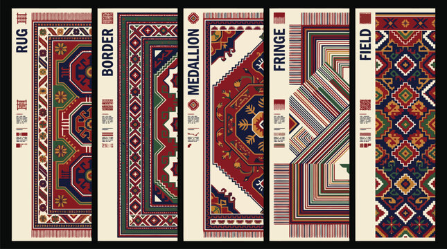 Traditional Persian rug design elements, set of 5 ethnic carpet patterns, ornamental border and medallion motifs, vintage oriental textile vector