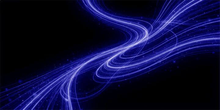 Abstract Electric Blue Neon Wave Background. Glowing flowing light trails with luminous sweeping curves on a dark backdrop. Futuristic technology background for digital branding