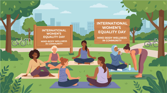 Diverse women practicing mindfulness and wellness together in a contemporary urban park, International Women's Equality Day concept, mental health, wellness, community, and healthy lifestyle