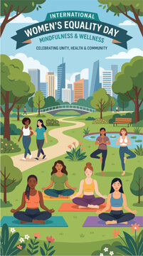 Diverse women practicing mindfulness and wellness together in a contemporary urban park, International Women's Equality Day concept, mental health, wellness, community, and healthy lifestyle