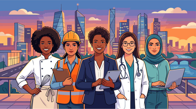 Women from different professions standing together against a modern city skyline, symbolizing equal opportunities and collective progress, 2D flat vector illustration
