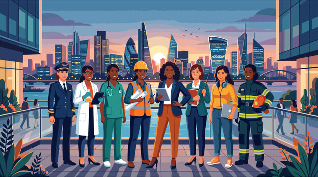 Women from different professions standing together against a modern city skyline, symbolizing equal opportunities and collective progress, 2D flat vector illustration