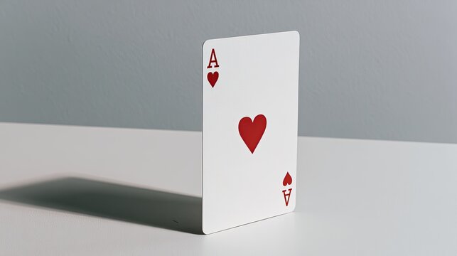 Isolated ace of hearts playing card standing upright, casting a sharp shadow
