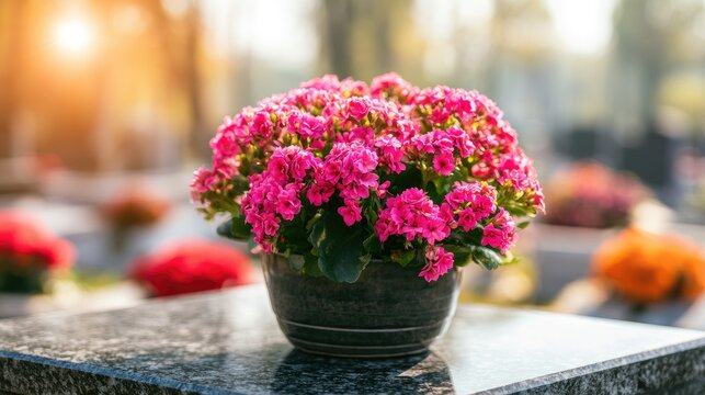A vibrant bouquet of pink flowers rests on a granite surface in a cemetery