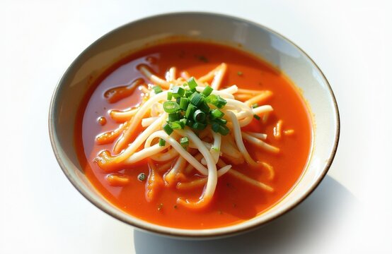 Bowl of spicy Korean kimchi kongnamul guk soup with fresh bean sprouts, green onions. Red hot liquid vegetable stew served in ceramic dish. Authentic Asian meal provides healthy lunch dinner for