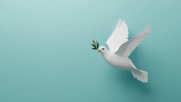 Minimalist white paper dove flying with an olive branch against a solid soft teal background, for creative