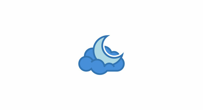 Minimalist blue crescent moon icon with fluffy cloud illustration.