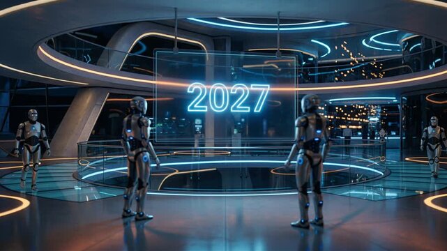 Futuristic humanoid robots gather beneath a glowing 2027 sign in a high-tech hall, presenting a science fiction vision of New Year celebration and tomorrow