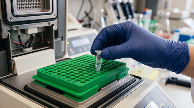 Macro shot of a gloved hand inserting a small PCR microtube into a green rack within a real-time PCR thermal cycler machine. The background shows softly blurred lab instruments&nbsp;