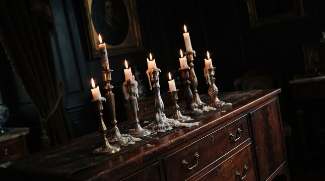 Soft candlelight dances on a polished wooden table in a dark, atmospheric room. The flickering flames create shadows against the walls, adding a sense of mystery and warmth.