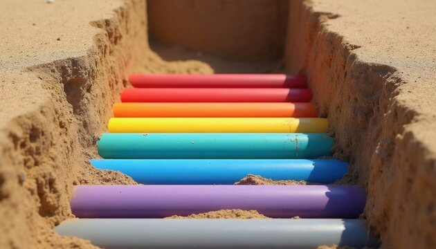 Multi colored industrial pipes lie inside trench dug in sandy soil. Bright plastic conduits form rainbow pattern underground during urban construction site works. Engineering project team installs