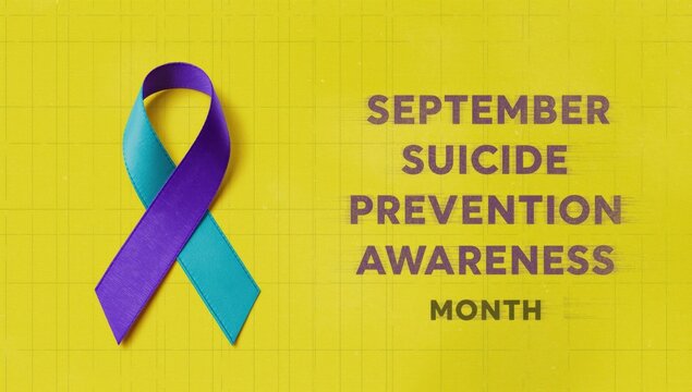 September suicide prevention awareness month concept with teal and purple ribbon on a yellow grid background