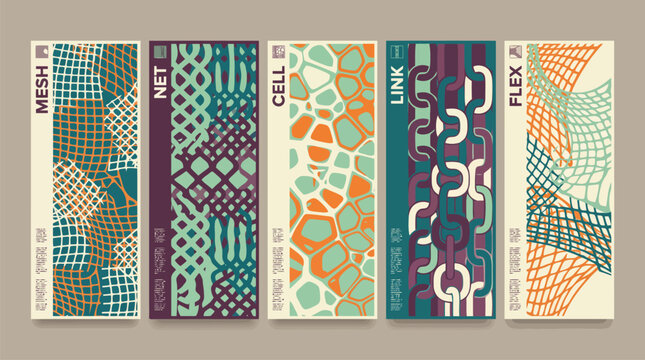 Abstract geometric pattern banners, set of 5 vertical vector layouts with mesh and cell textures, retro organic link and net backgrounds