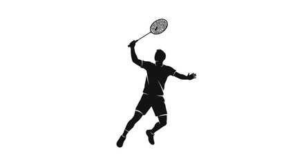 Obraz premium Silhouette of a male badminton player in action, mid-swing, preparing to hit a shuttlecock during a match.