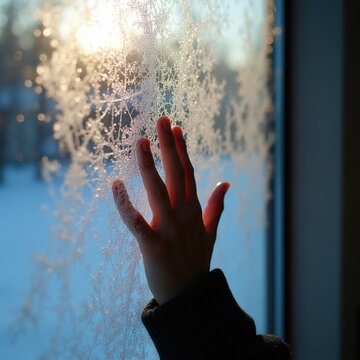Close up hand touches frosty window pane. Sun shines through ice patterns on glass. Winter morning light creates delicate snowflake shapes, soft bokeh.
