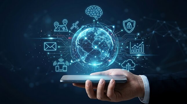 Businessman hand holding smartphone displaying glowing digital global network and artificial intelligence icons for futuristic technology and data connectivity concept illustration