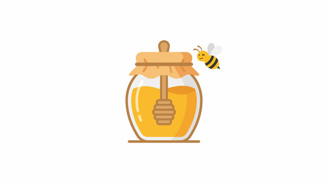 Cute cartoon honey jar with a small buzzing bee.