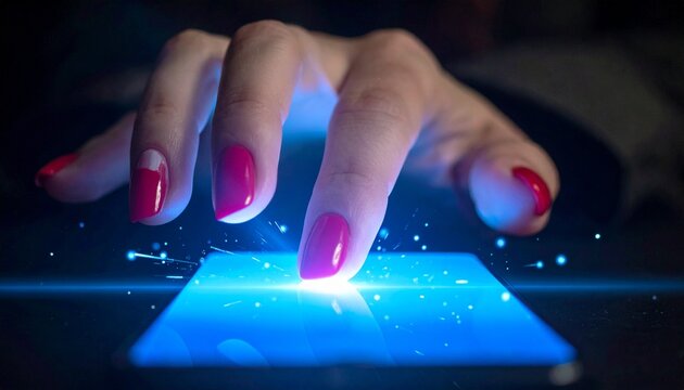 M&atilde;o de mulher com o dedo encostando na tela do celular, conceito tecnologia, digital