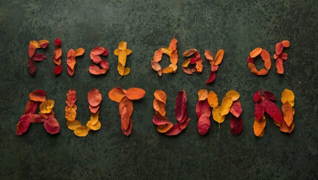 The words first day of autumn formed by colorful dried leaves arranged on a dark textured concrete surface