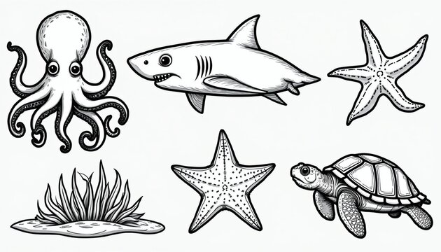 Set of black, white marine life illustrations for coloring book. Octopus starfish, turtle graphics design isolated on plain background. Aquatic animals for children education learning activity.