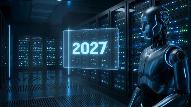 Futuristic robot presents 2027 in a high tech server center, symbolizing artificial intelligence, digital innovation and New Year vision