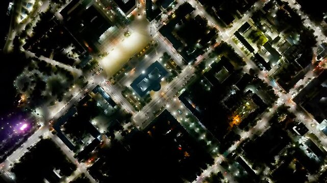 Oryol, Russia. Government of the Oryol region. Lenin Square. History Center. View of the city from the air. Night flight. Drone footage, HEAD OVER SHOT